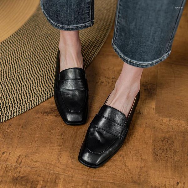 Sapatos casuais primavera outono mulheres apartamentos deslizamento em mocassins dedo do pé quadrado macio couro genuíno estilo simples senhora diária