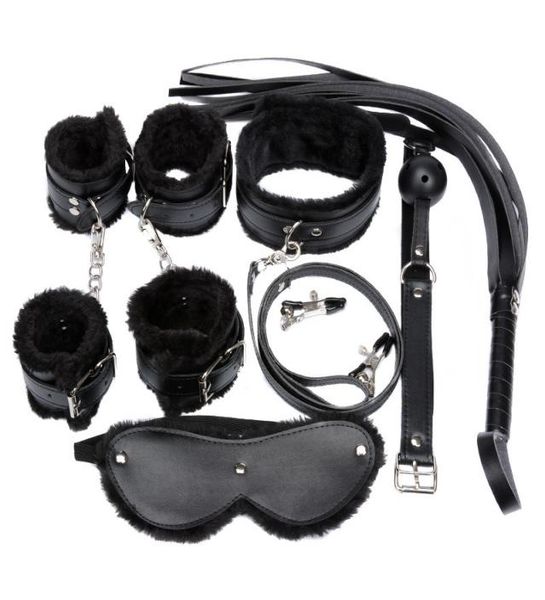 Costume da donna Set 7PCSset Sexy PU Pelle Peluche Fetish Bondage sessuale Biancheria intima erotica con manette Morsetti per capezzoli Gag Whip4330049