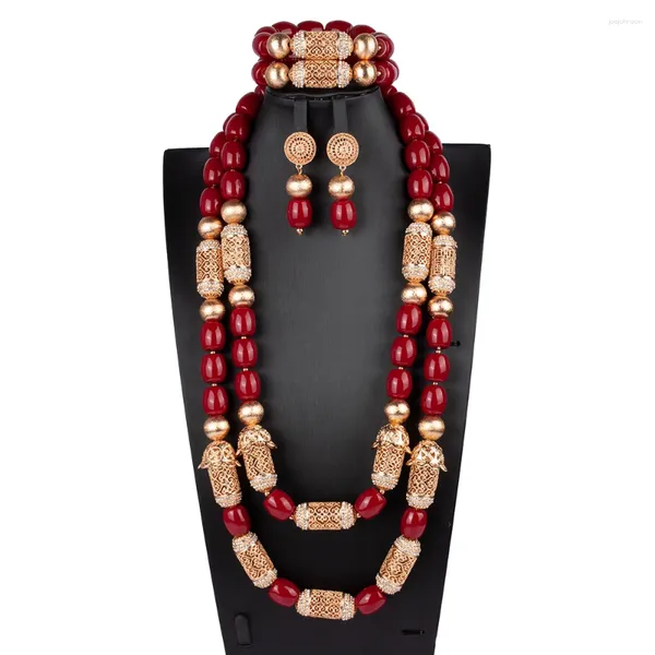 Halskette-Ohrringe-Set, 2 Reihen, rote Koralle, Armband, nigerianische Dubai-Hochzeit, afrikanische Brautperlen, Schmuck für Frauen (rote Kugel)