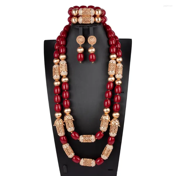 Collana Orecchini Set 2 File Bracciale in Corallo Rosso Nigeriano Dubai Matrimonio Perline da Sposa Africane Gioielli per Le Donne (Palla Rossa)