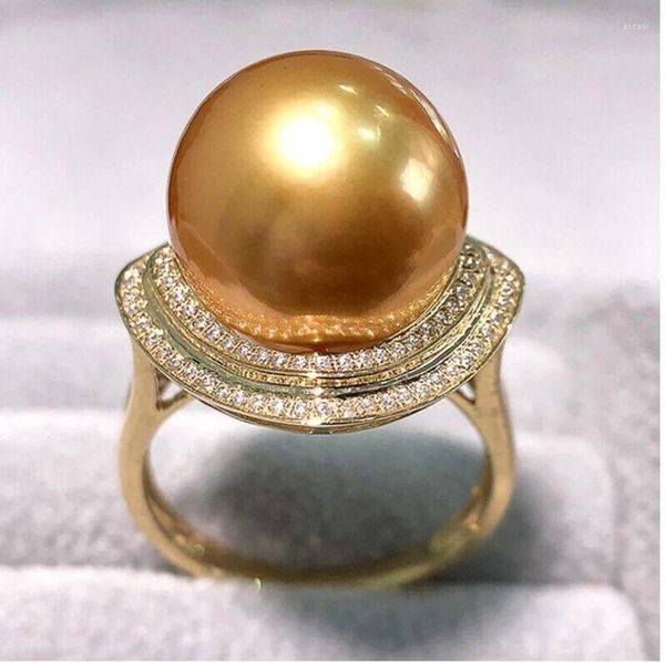 Anéis de cluster ENORME 12-13mm Rodada Natural South China Sea Gold Pearl Ring