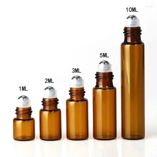 Frascos de armazenamento 3bag 1ml 2ml 3ml 5ml 10ml Rolo de vidro fino em frascos de óleo de garrafa com rolo de metal / bola de vidro Teste de amostra essencial âmbar