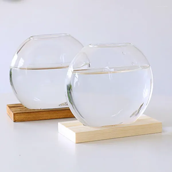 Vasos 1 PCS Fishbowl Plano Redondo Vaso De Vidro Log Base Bonsai Hidropônico Planta Verde Suporte De Madeira Desktop Home Garden Office Decoração