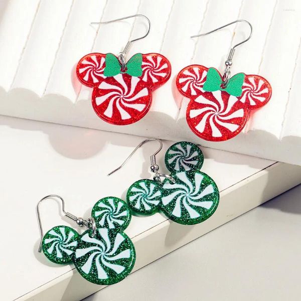 Brincos pendurados natal dos desenhos animados mouse cabeça arco acrílico para mulheres bonito vermelho verde doce glitter gota brinco festa jóias presente