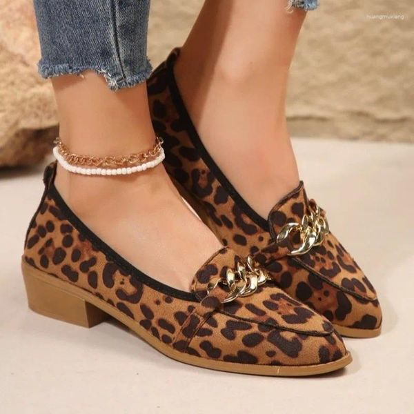Sapatos casuais primavera moda leopardo impressão feminina saltos quadrados 2024 decoração de metal deslizamento-em mocassins zapatillas mujer