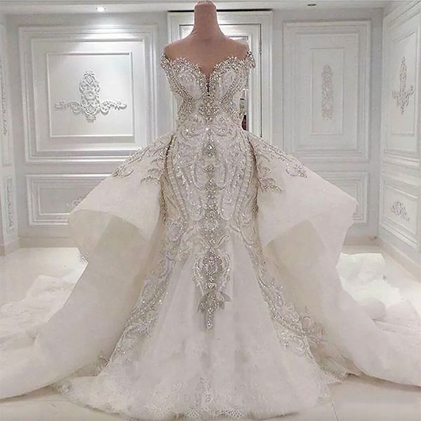 2024 Meerjungfrau Kristall Luxus Brautkleider mit Überröcken Spitze geraffte Sparkle Rhinstone Brautkleider Dubai Vestidos de Novia nach Maß