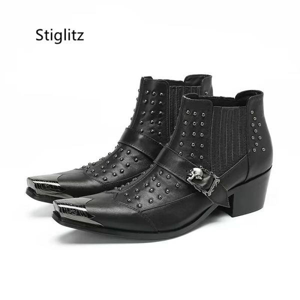 Botas de rebite de cinto masculino de botas de tornozelas com saltos de salto de pé de metal dedo botas de couro genuíno para homens de vestido de negócios sapatos