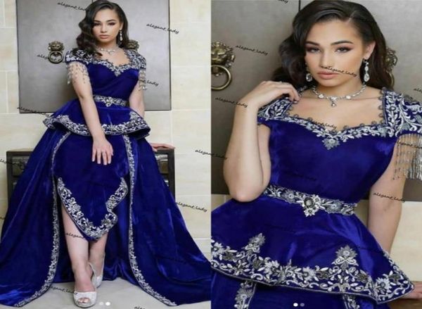 Sereia marroquina kaftan vestidos de baile com borla azul royal peplum roupas argelinas karako veludo apliques vestido de noite islâmico6142529