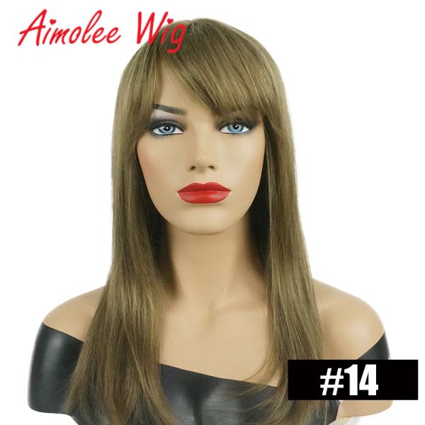 Perucas 18 polegadas longa peruca de cabelo reto natural com franja loira marrom escuro destaque mistura de cabelo humano peruca sintética feminina peruca respirável