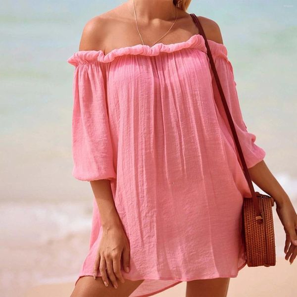Sexy Frauen Bikini Cover Up Rüschen Off Schulter Mini Kleid Bademode Badeanzug Badeanzug 2024 Sommer Strand Cover-Ups sommerkleid