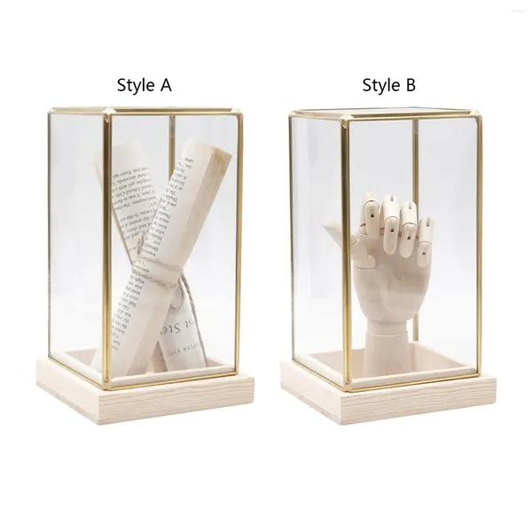 Bolsas de jóias Collectible Glass Display Case Decoração 4.5x4.5x7.8inch Recipiente com tampa Base de madeira para figuras de ação multifuncional