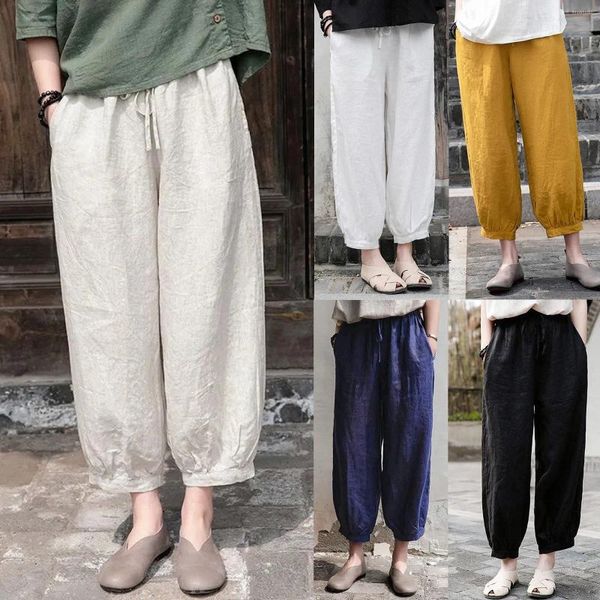 Pantaloni da donna Lanterna in cotone e lino Leggings larghi estivi Casual per donna Pantaloni artistici semplici tinta unita slim