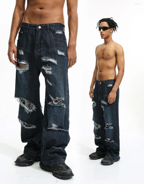Jeans masculinos retro solto high street hip hop estilo cor clara bordado rasgado calças de perna larga