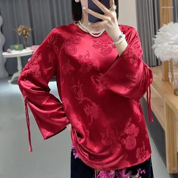 Roupas étnicas de alta qualidade outono estilo chinês top feminino o-pescoço borboleta amor flor magro macio e confortável camisa S-XXL