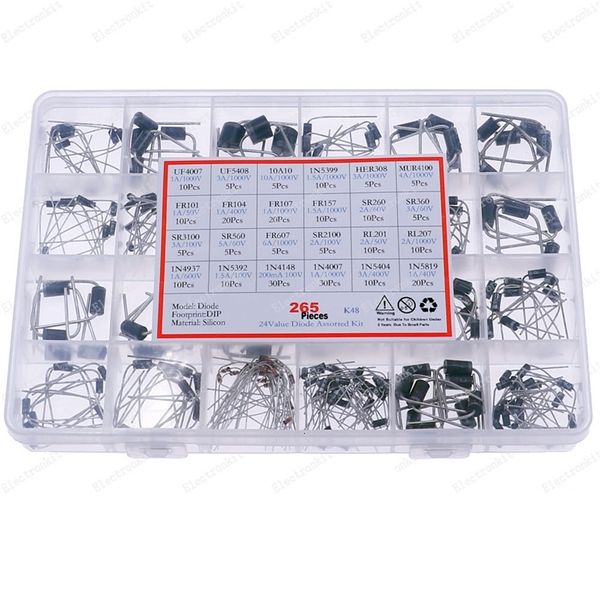 Kit de diodo Sctky de comutação rápida de 265 unidades 1N4007 UF5408 UF4007 1N5399 HER308 MUR4100 1N4148 RL207 SR3100 FR607 1N5819 1N5404 240307