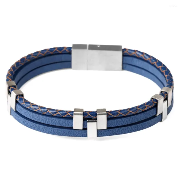 Charme Armbänder Stil Männer Blau Leder Armband Drei-Schicht Edelstahl Nähte Zubehör Für Männer Schmuck