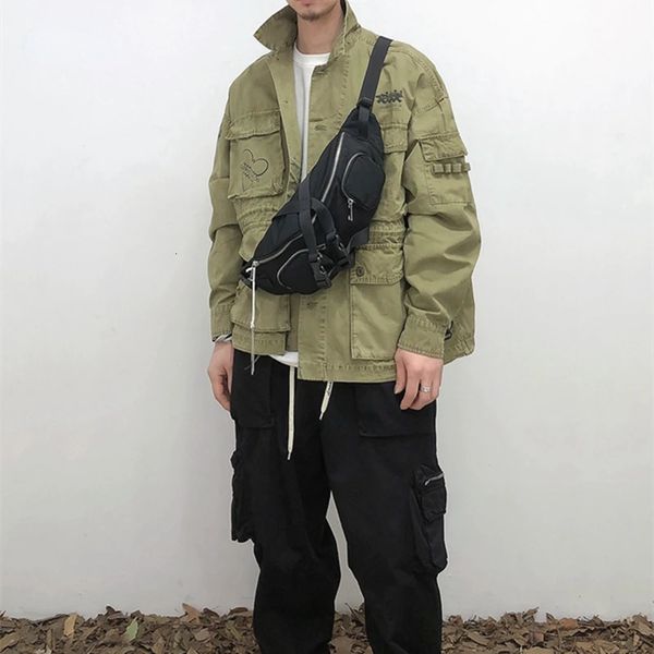 Весенне-осенняя японская уличная одежда, повседневная куртка-карго, мужская одежда, пальто с лацканами в стиле Харадзюку, креативный принт, армейская зеленая тактическая куртка 240309