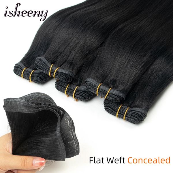 Trama isheeny extensões de cabelo humano de trama plana 20 polegadas preto tecer cabelo humano escondido 50g pacotes retos sem cabelo curto na trama