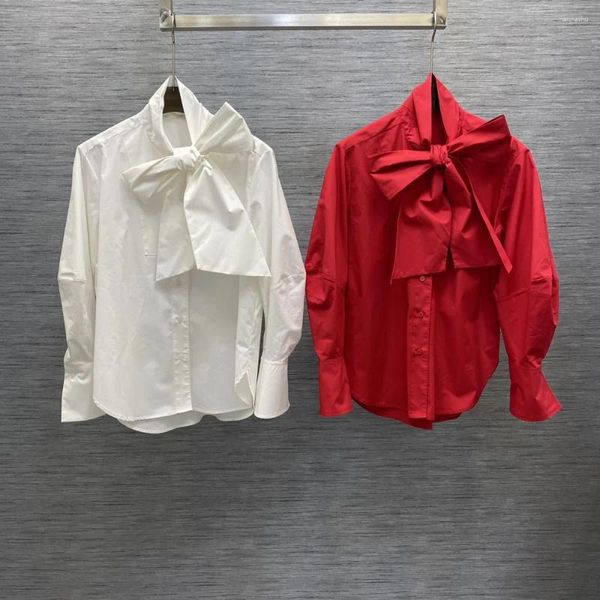 Damenblusen 2024 Frühlingsfrauen Großer Bogenkragen Solide Baumwollhemden Lange Laterne Slim Fashion Tops Rot Weiß