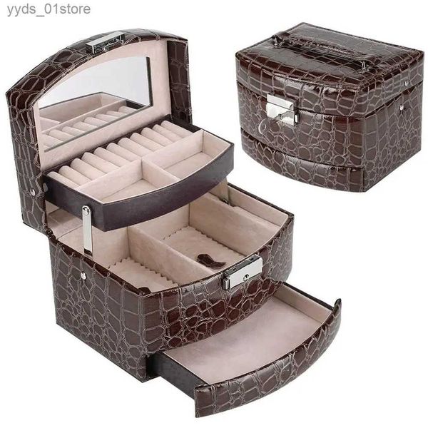 Schmuckschatullen Tragbare PU-Leder 3-lagige Schmuckschatulle Make-up-Organizer Aufbewahrungsbox automatische Behälterbox Damen-Make-up-Korb L240323