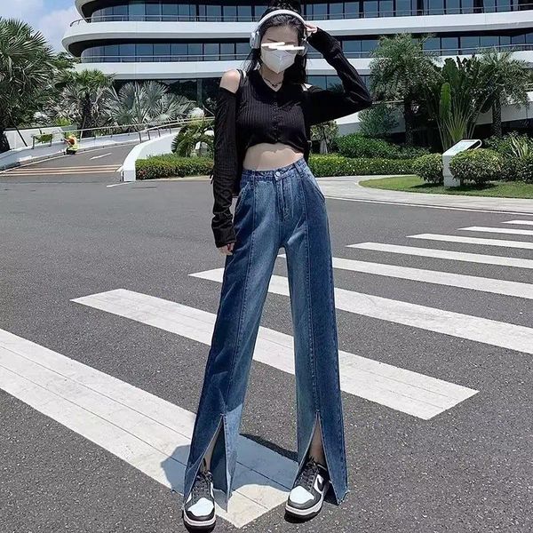 Jeans da donna di nicchia stile Y2K larghi con gambe larghe per pantaloni casual dritti a vita alta divisi