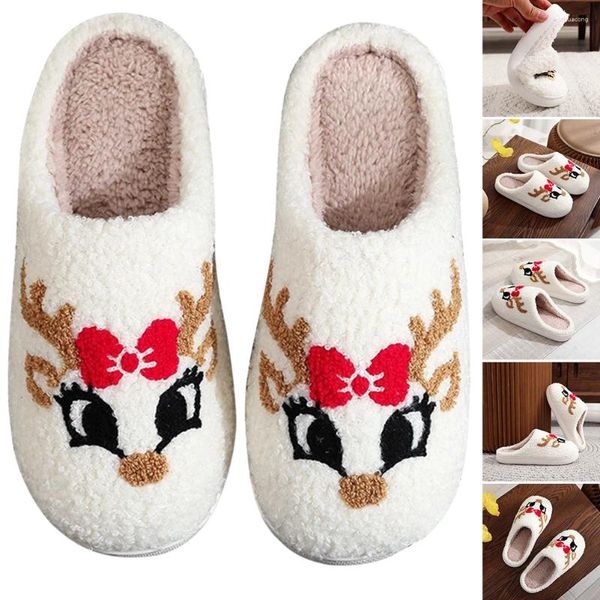 Wanderschuhe Rentier Fuzzy Hausschuhe Cartoon Plüsch Geschlossene Zehe Niedliches Slip-on-Haus mit roter Schleife Haushaltsbedarf