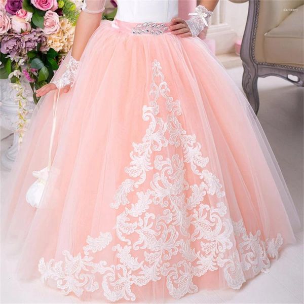 Abiti da ragazza Cintura floreale con applicazioni in tulle rosa con maniche corte per matrimonio, regalo di compleanno, festa, abito da prima comunione