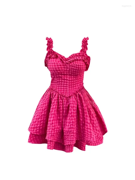 Partykleider Sommer Süße Rose Rosa Plaid Einteilige Kleider Quadratischer Kragen Elegantes Lolita-Kleid Ballkleid Sommerkleid Kpop Tender Streetwear