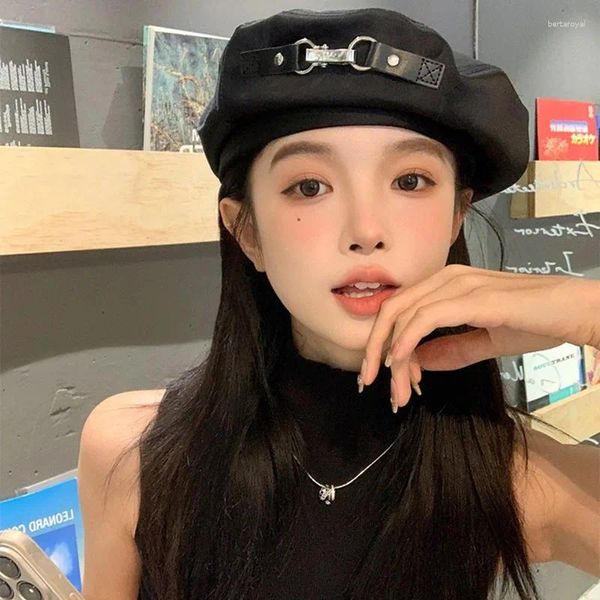 Beralar Sıradan Katı Bere Cap Korean Y2K Moda Kadınların Sekizgen Şapka Punk Kilit Tokası Açık Denim Yaz