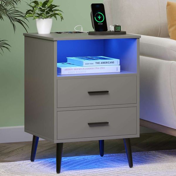FREDEES Graue Ladestation und LED-Leuchten, mit Körpersensor, intelligenter Nachttisch mit 2 Schubladen, moderne Esstischmöbel im Schlafzimmer