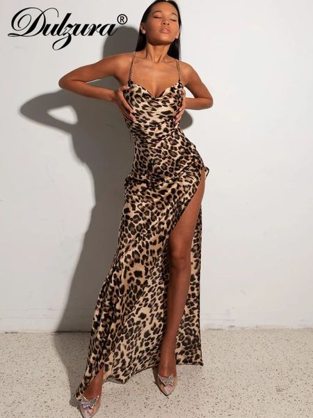 Dulzura Donne Della Stampa Del Leopardo Cinghia A Catena Con Spacco Laterale Maxi Vestito Backless Aderente Sexy Streetwear Festival 2024 Da Sera Elegante 240309