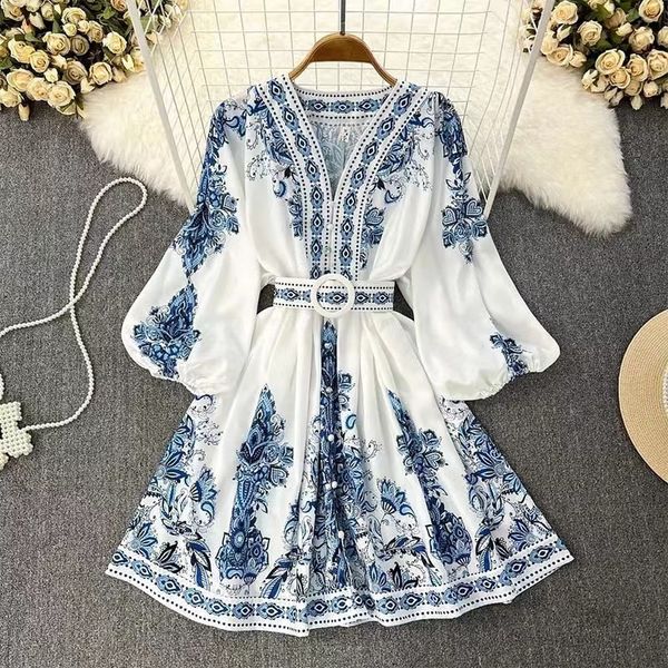 Designer casual vestido feminino boho primavera/verão moda impressão longa lanterna manga com decote em v corpete botão pregas