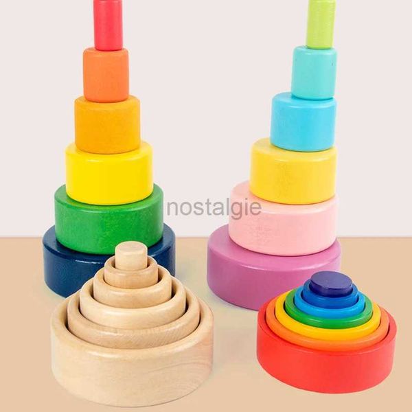 Ordinamento Nidificazione impilabile giocattoli Baby in legno arcobaleno impilati nido tazza blocco circolare naturale impilabile ciotola colorata giocattolo per bambini Montessori 24323