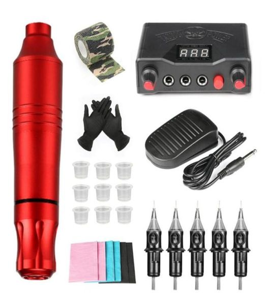 Kit de armas de tatuagem, kit completo de fonte de alimentação lcd, linha de modo duplo e sombreamento com 5 cartuchos de agulhas, suprimentos set3587993