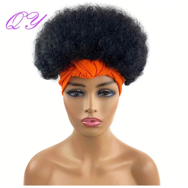 Perucas de bandana sintética feminina envoltório peruca preto curto afro kinky encaracolado peruca para mulher perucas cordão macio 2 em 1 perucas de cabelo