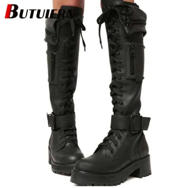 Stivali Fashion's Women High High Boots Black Punk Gothic Platform Boots Boots Wedge Sexy Motorcycle Heels Women Scarpe di grande dimensione