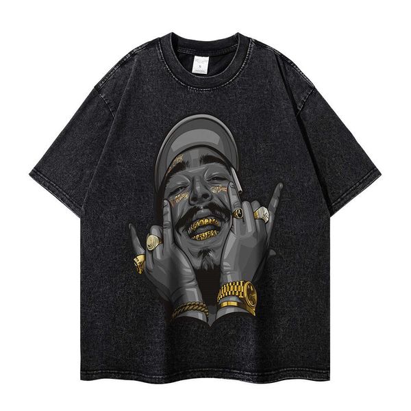 Estilo americano lavado e angustiado rap hip-hop impresso camiseta de manga curta para homem solto casual meia marca na moda