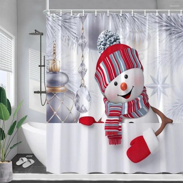 Cortinas de chuveiro engraçado boneco de neve natal prata ramo de abeto bolas de natal ano parede pendurado tecido casa decoração do banheiro com ganchos