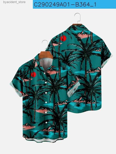 Camicie casual da uomo Nuovo uomo verde stampa digitale 3D Hawaii allentato plus size bottone manica corta tasca top casual estivo abbigliamento da strada L240320