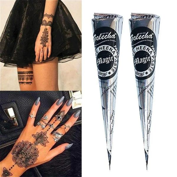 Inchiostri 2pcs henné indiano naturale tatuaggio inchiostro nero mehndi pasta coni arte arte adesivo mehndi vernice per boto