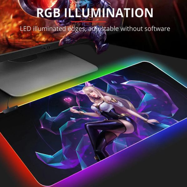 Pads Ahri Slipmat Kda Matte RGB Mauspad Gamer Geschwindigkeit LOL Lila Gaming Mousepad Kawaii League of Legend Gamers Hintergrundbeleuchtete Matte Led Licht