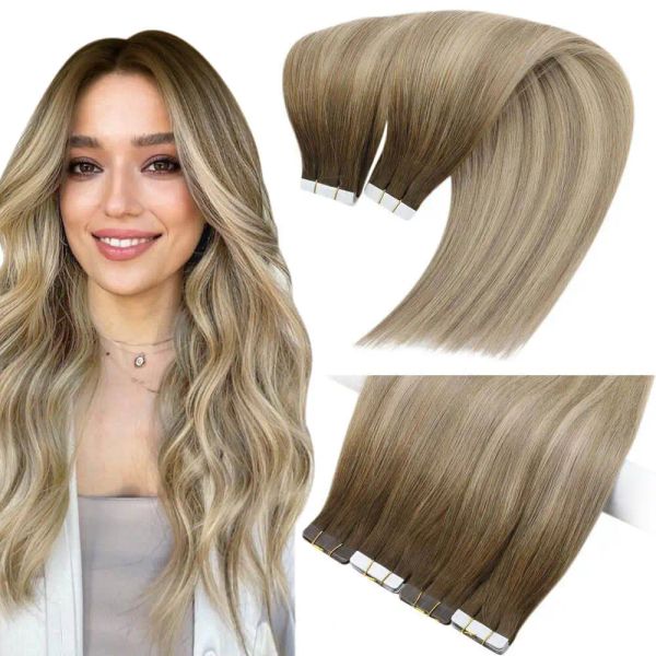 Erweiterungen Moresoo Vire Tape in Haarverlängerungen 100% reales menschliches Haar Blondes Ombre Brown 25 g 12 Monate unsichtbares Klebeband in Haarverlängerungen