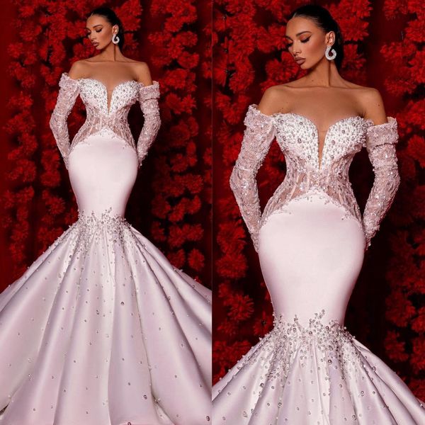 2024 Abito da sposa a sirena africana per la sposa Illusion Abiti da sposa con spalle scoperte Maniche lunghe In rilievo Perle di pizzo Abiti da sposa decorati Per le donne nere della Nigeria D169