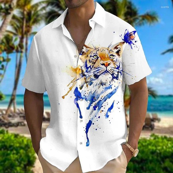Camisas casuais masculinas camisa de manga curta havaiana branca graffiti cor lapela botão tigre tinta pintura 2024 primavera verão xl