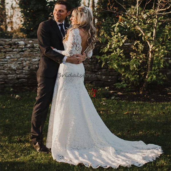 Rustikale Fulllace-Hochzeitskleider 2024, elegant, O-Ausschnitt, Meerjungfrau, langärmelig, Boho-Brautkleider, sexy, rückenfrei, im Freien, Zivil, Landbraut, Frauen, Vestidos De Novia Roman