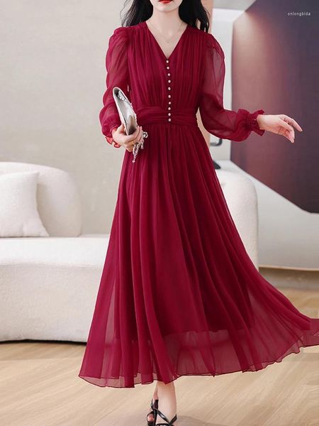 Abiti casual Primavera Estate Chiffon rosso manica lunga donna lusso coreano moda abbigliamento abito longuette da festa 2024 elegante aderente