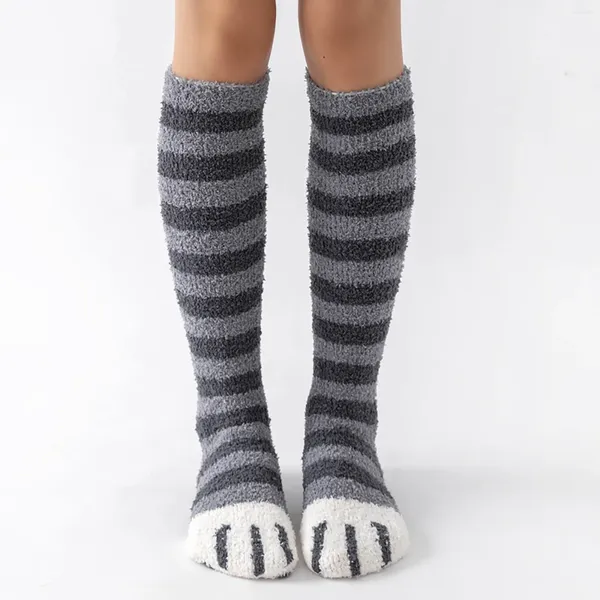 Frauen Socken Katze Streifen Muster Verdickung Für Wärme Winter Kawaii Korallen Samt Mädchen Strümpfe Kniehohe