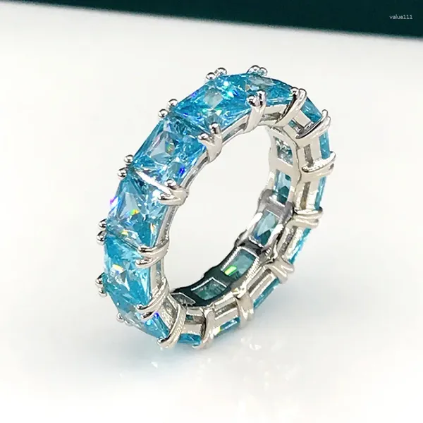 Кольца кластера Пара Теннисное кольцо S925 Серебро Модный велосипед Красивый синий драгоценный камень океана для мужчин