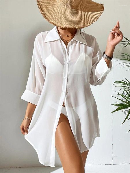 Abiti casual Camicia bianca Costume da bagno Cover Up Sarong 2024 Abbigliamento da spiaggia Manica lunga Colletto rovesciato Tunica allentata Pareo De Plage Beach Ups