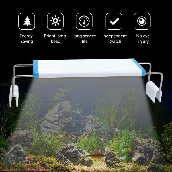 Iluminações 820w LED Iluminação de Aquário Planta Aquática Luz 18 28 38 48cm Branco + Azul Leds Extensível Clipe À Prova D 'Água Na Lâmpada Para Tanque de Peixes